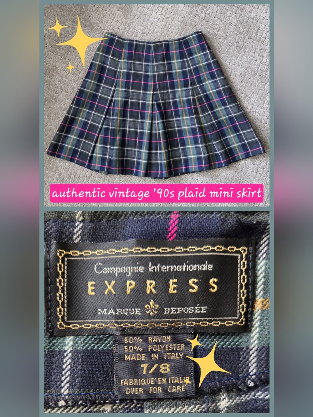 VTG 90s Compagnie Internationale EXPRESS Plaid Pleated Mini Skirt Made In Italy